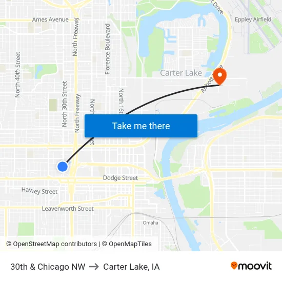 30th & Chicago NW to Carter Lake, IA map