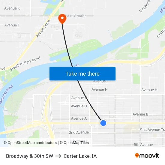 Broadway & 30th SW to Carter Lake, IA map