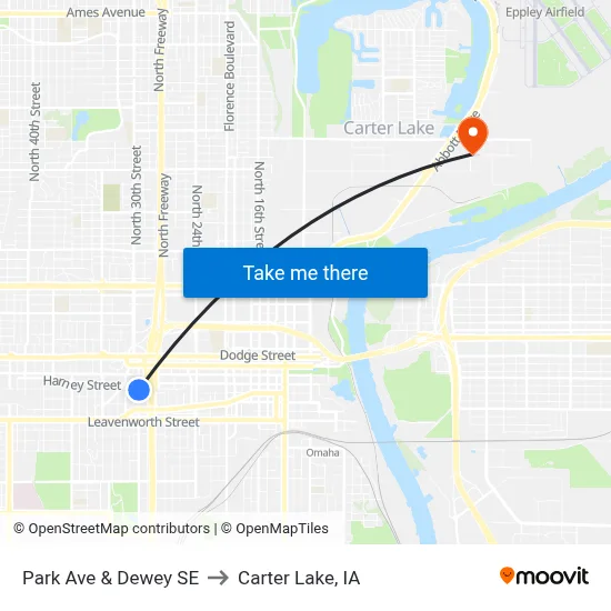 Park Ave & Dewey SE to Carter Lake, IA map