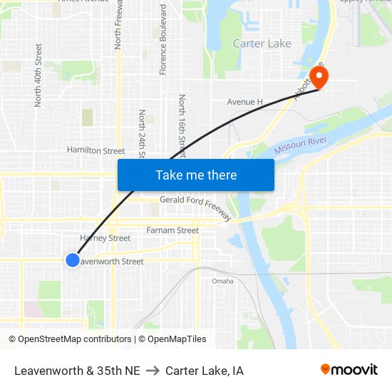 Leavenworth & 35th NE to Carter Lake, IA map