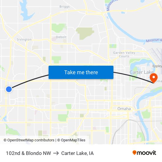 102nd & Blondo NW to Carter Lake, IA map