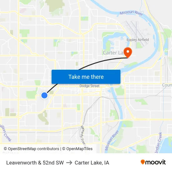 Leavenworth & 52nd SW to Carter Lake, IA map