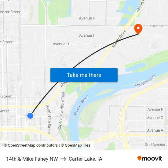 14th & Mike Fahey NW to Carter Lake, IA map