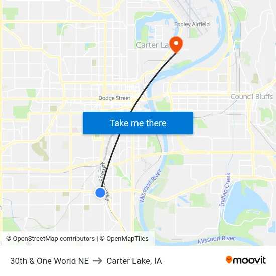 30th & One World NE to Carter Lake, IA map