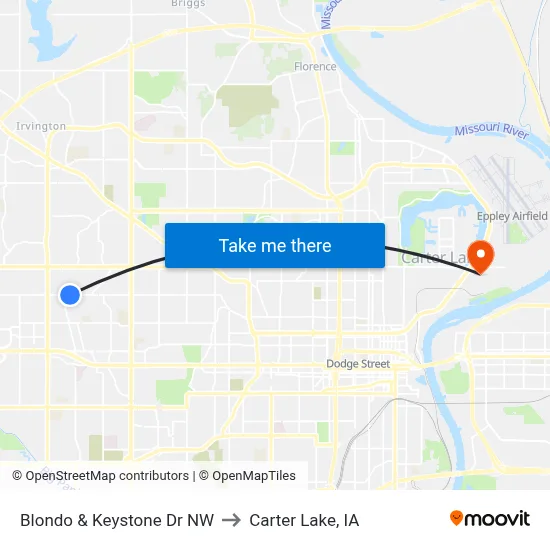 Blondo & Keystone Dr NW to Carter Lake, IA map
