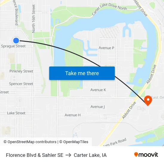 Florence Blvd & Sahler SE to Carter Lake, IA map