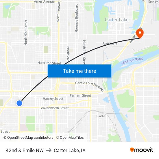 42nd & Emile NW to Carter Lake, IA map