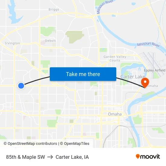 85th & Maple SW to Carter Lake, IA map