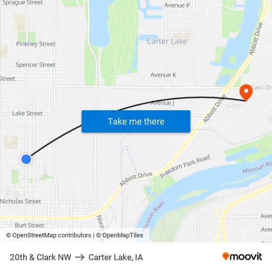 20th & Clark NW to Carter Lake, IA map