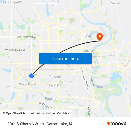 120th & Ohern NW to Carter Lake, IA map