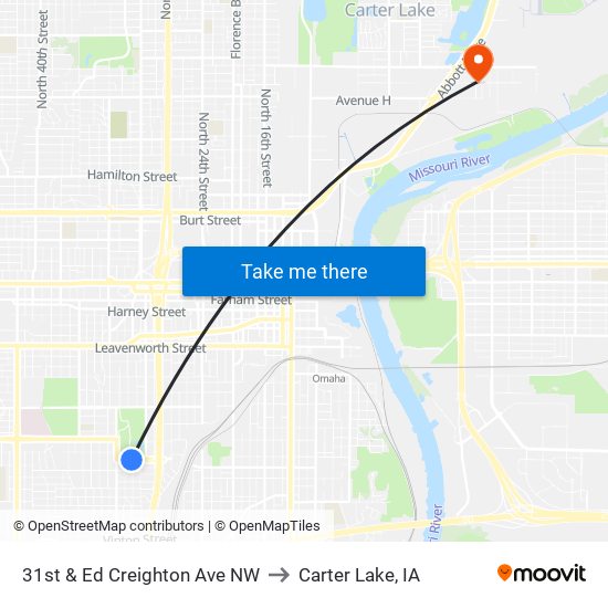 31st & Ed Creighton Ave NW to Carter Lake, IA map