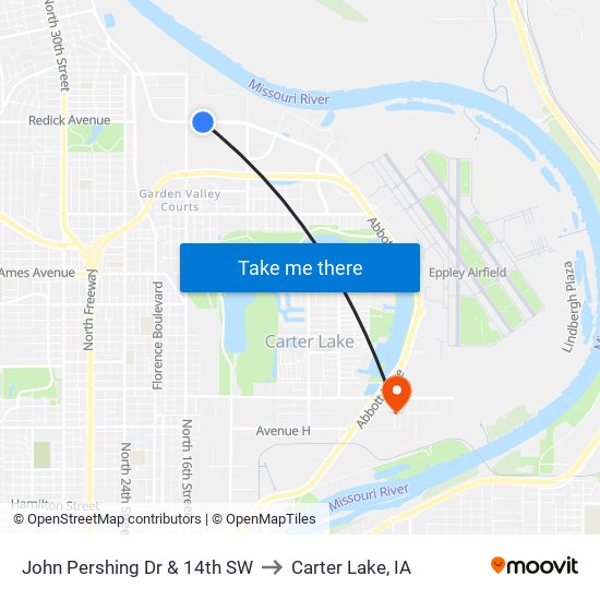 John Pershing Dr & 14th SW to Carter Lake, IA map