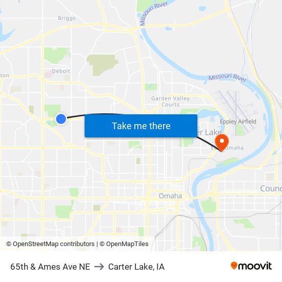 65th & Ames Ave NE to Carter Lake, IA map