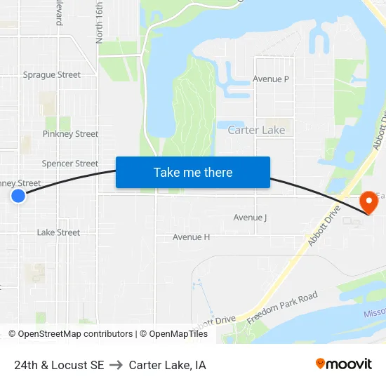 24th & Locust SE to Carter Lake, IA map