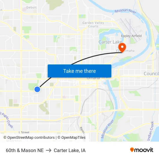 60th & Mason NE to Carter Lake, IA map