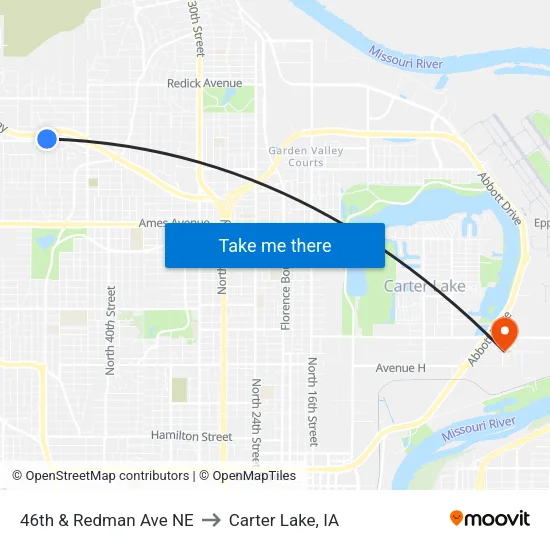 46th & Redman Ave NE to Carter Lake, IA map