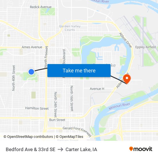Bedford Ave & 33rd SE to Carter Lake, IA map