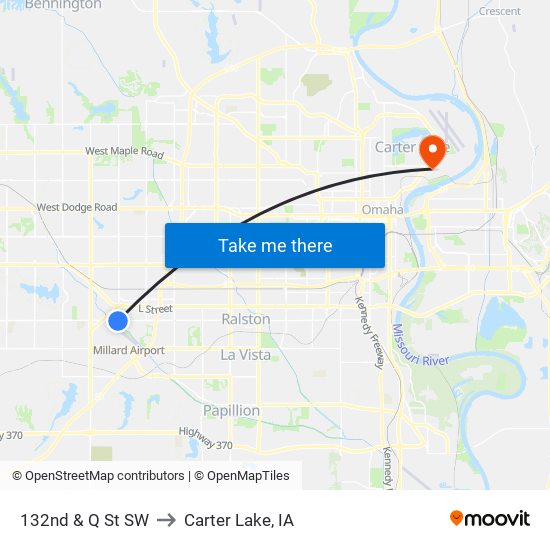 132nd & Q St SW to Carter Lake, IA map