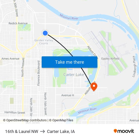 16th & Laurel NW to Carter Lake, IA map