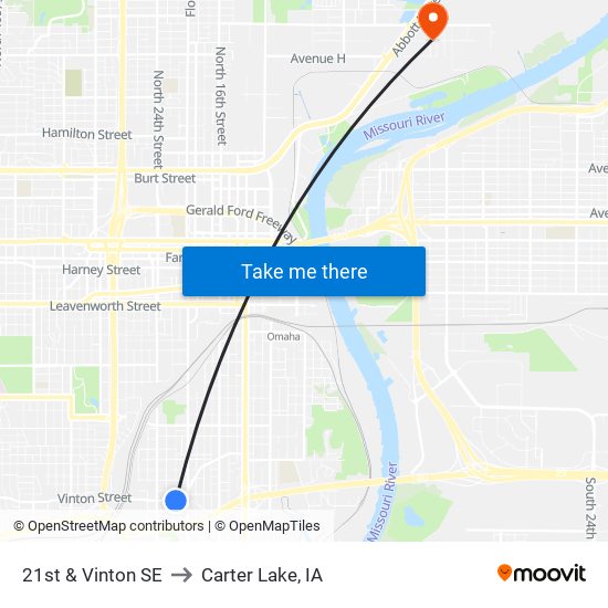 21st & Vinton SE to Carter Lake, IA map