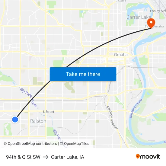 94th & Q St SW to Carter Lake, IA map