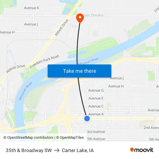 35th & Broadway SW to Carter Lake, IA map