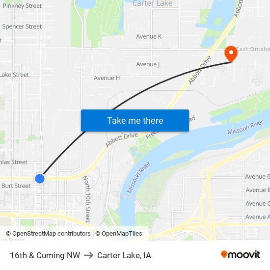 16th & Cuming NW to Carter Lake, IA map