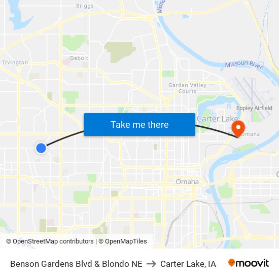 Benson Gardens Blvd & Blondo NE to Carter Lake, IA map