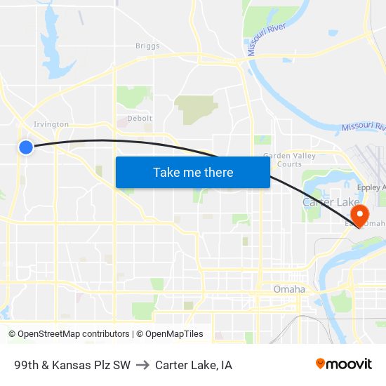 99th & Kansas Plz SW to Carter Lake, IA map