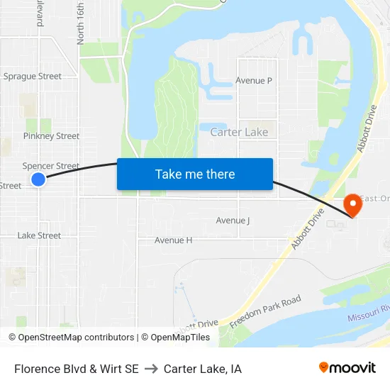 Florence Blvd & Wirt SE to Carter Lake, IA map