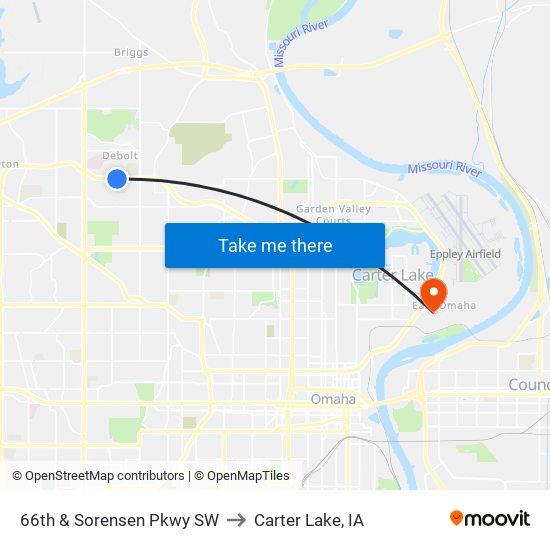 66th & Sorensen Pkwy SW to Carter Lake, IA map