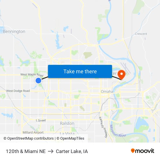 120th & Miami NE to Carter Lake, IA map