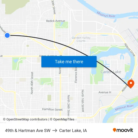 49th & Hartman Ave SW to Carter Lake, IA map