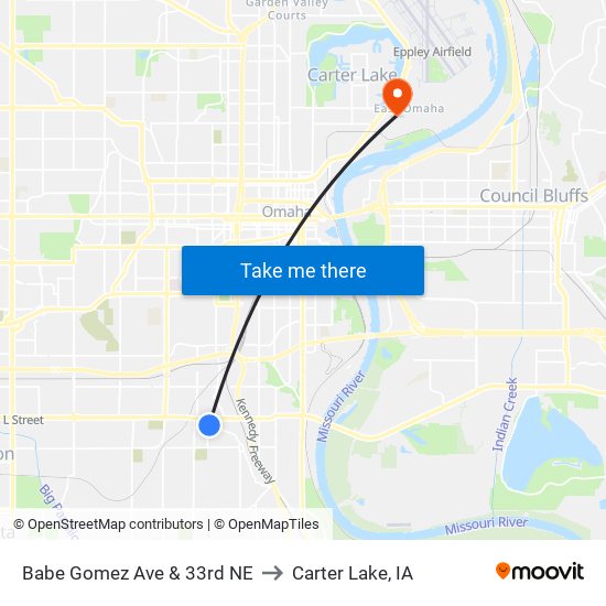 Babe Gomez Ave & 33rd NE to Carter Lake, IA map
