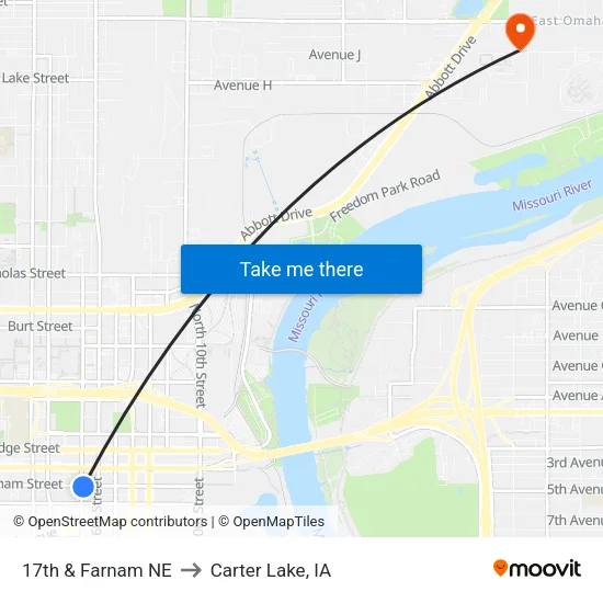 17th & Farnam NE to Carter Lake, IA map