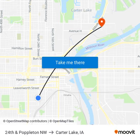 24th & Poppleton NW to Carter Lake, IA map