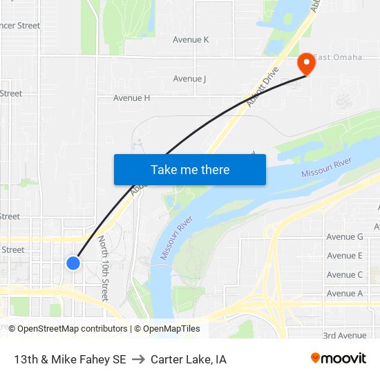 13th & Mike Fahey SE to Carter Lake, IA map