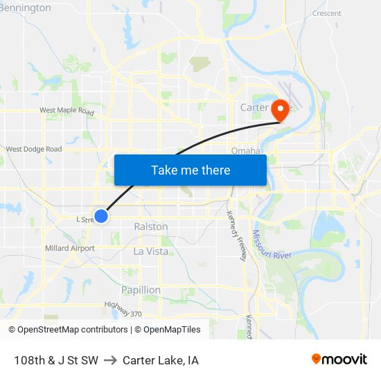 108th & J St SW to Carter Lake, IA map