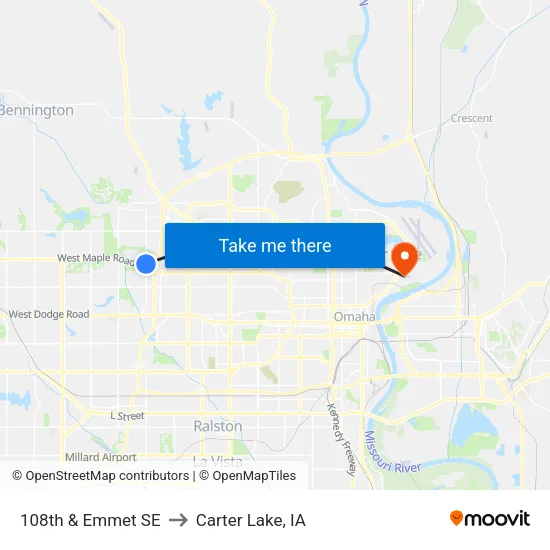108th & Emmet SE to Carter Lake, IA map
