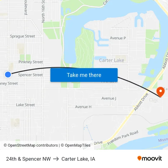 24th & Spencer NW to Carter Lake, IA map