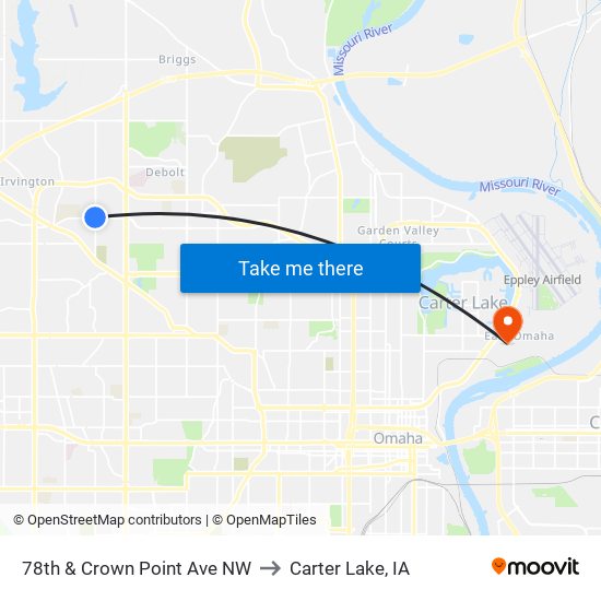 78th & Crown Point Ave NW to Carter Lake, IA map