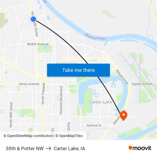 30th & Potter NW to Carter Lake, IA map