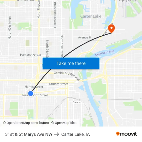 31st & St Marys Ave NW to Carter Lake, IA map