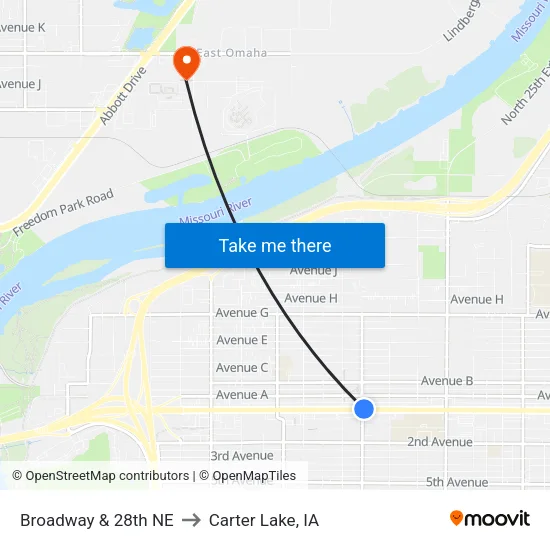 Broadway & 28th NE to Carter Lake, IA map