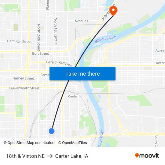 18th & Vinton NE to Carter Lake, IA map