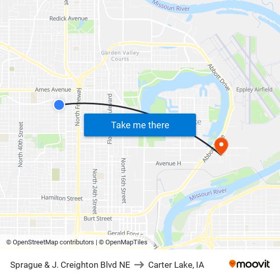 Sprague & J. Creighton Blvd NE to Carter Lake, IA map