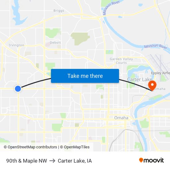 90th & Maple NW to Carter Lake, IA map