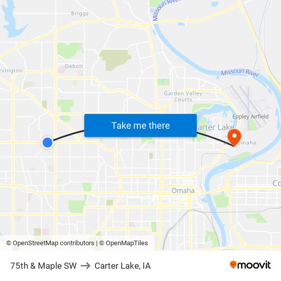 75th & Maple SW to Carter Lake, IA map