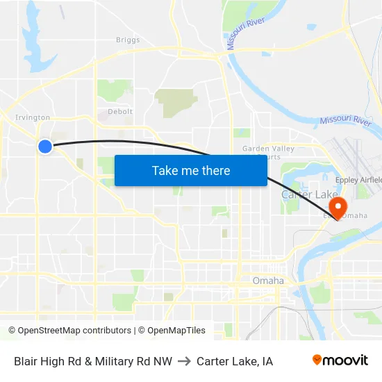 Blair High Rd & Military Rd NW to Carter Lake, IA map