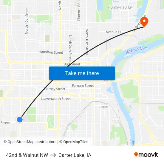 42nd & Walnut NW to Carter Lake, IA map